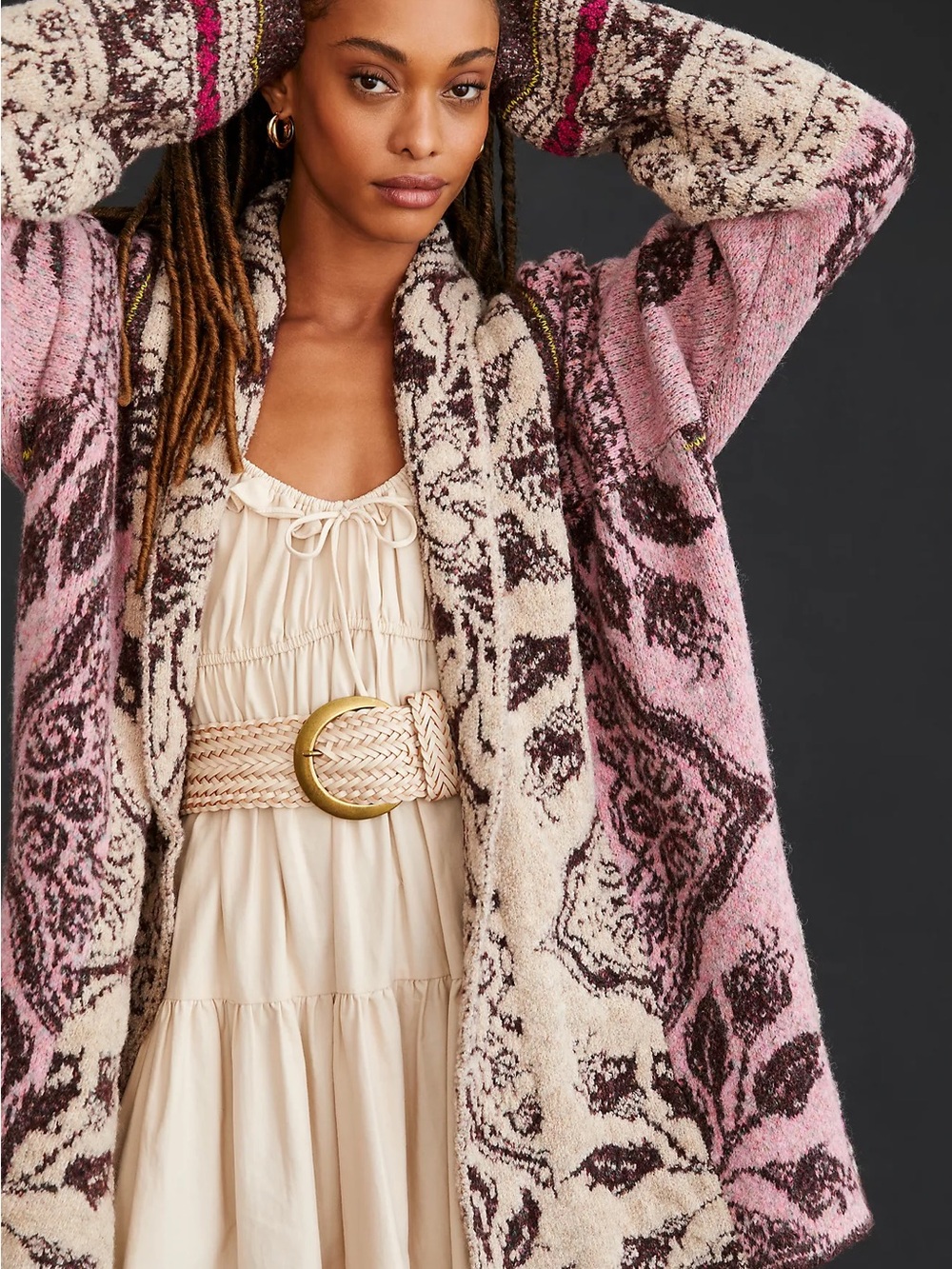 By Anthropologie  Cozy Pink & Cream Patterned Open Cardigan - Picture 3 of 9